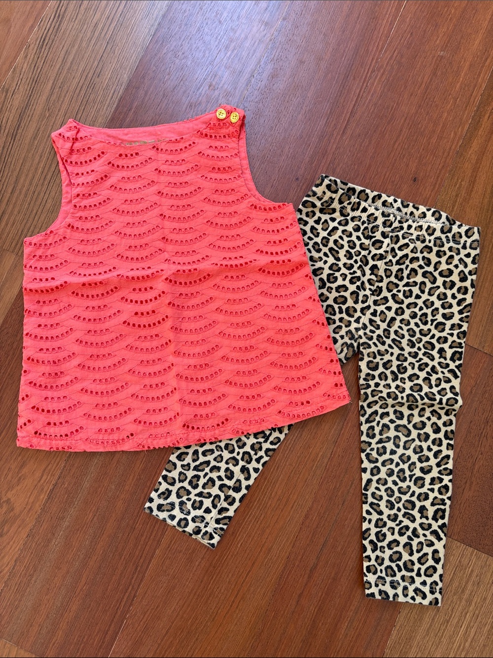 3T OshKosh 100% cotton, Coral Toddler Tank with 2T Old Navy leopard leggings